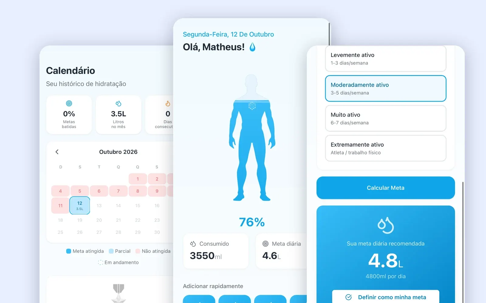 Telas do app Hidra Pure — Meu Dia: calendário, início com meta diária e produtos