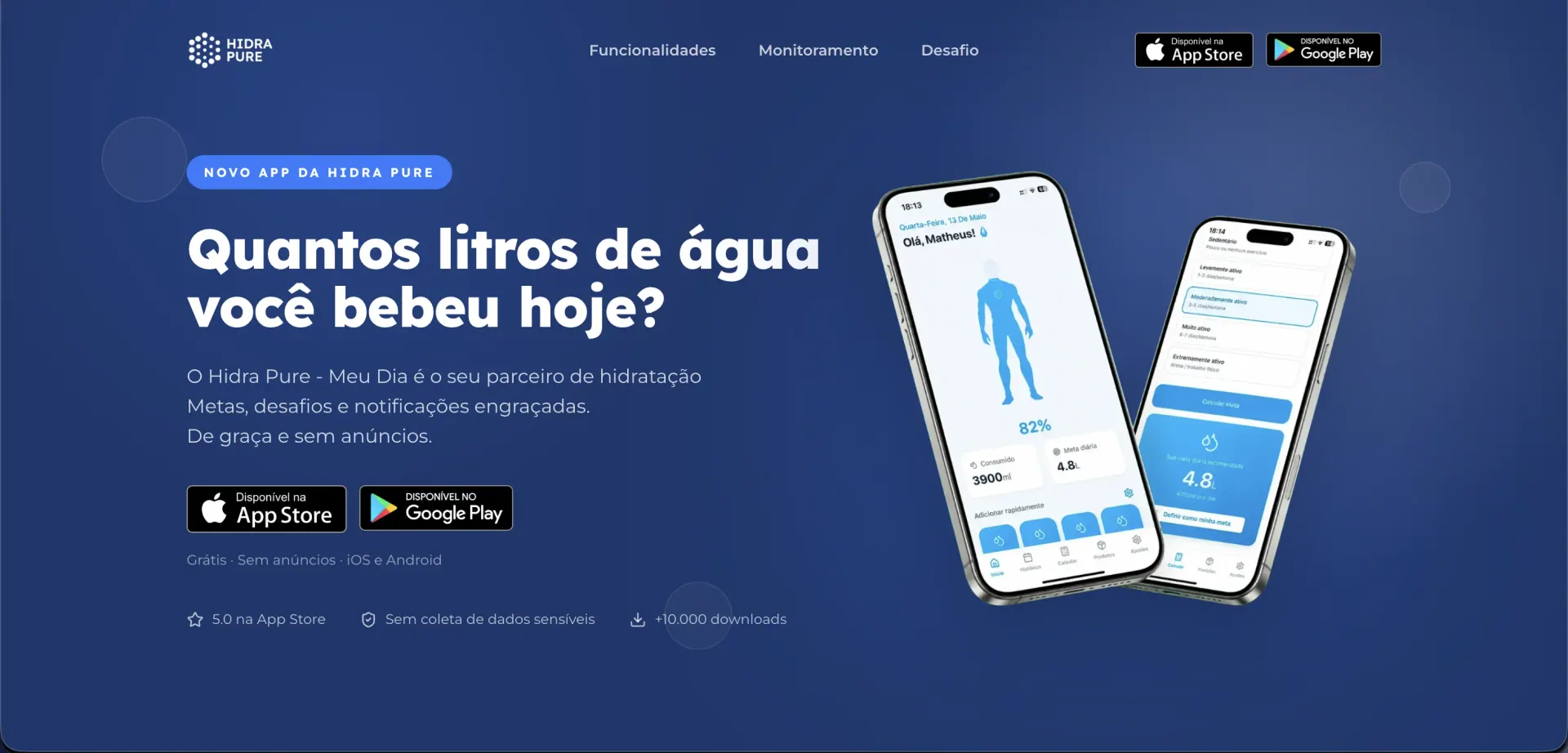 Landing page do app Hidra Pure — Meu Dia com os botões da App Store e do Google Play